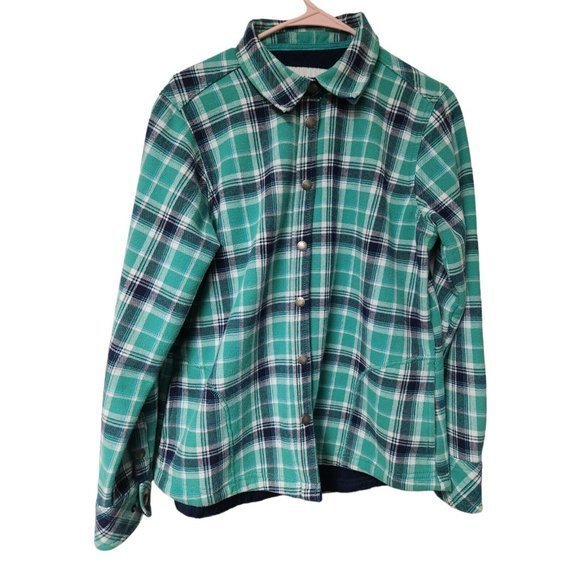 Orvis Flannel Sweater Women's Large‎ Snaps Plaid Greenish Blue - Picture 3 of 5